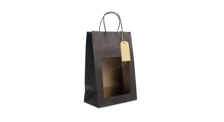 Cadeau-tas,  22+12x32cm, venster en label, zwart (100stuks )