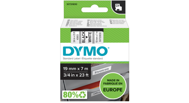 Dymo D1, labeltape, 19mm x 7mtr, zwart op wit, 45803