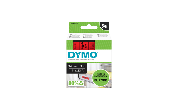 Lettertape dymo 53717 d1 24mmx7m poly zwart/rood