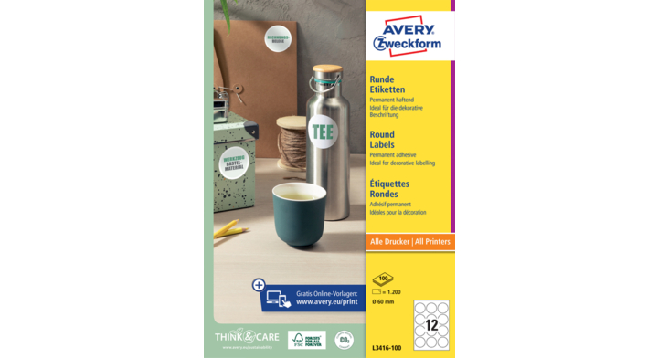 Etiket avery zweckform l3416 rond 60 mm wit(l3416-100)
