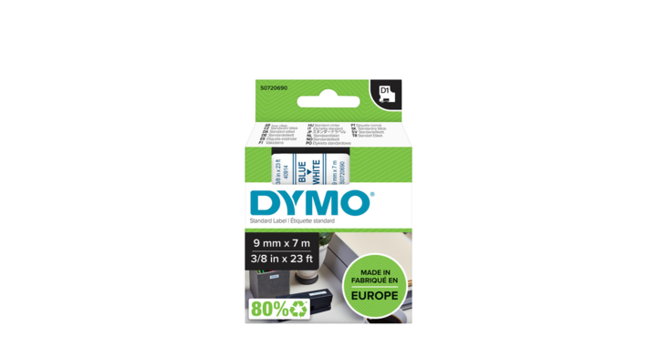 Lettertape dymo 40914 1000/5000 9mmx7m wit/blauw