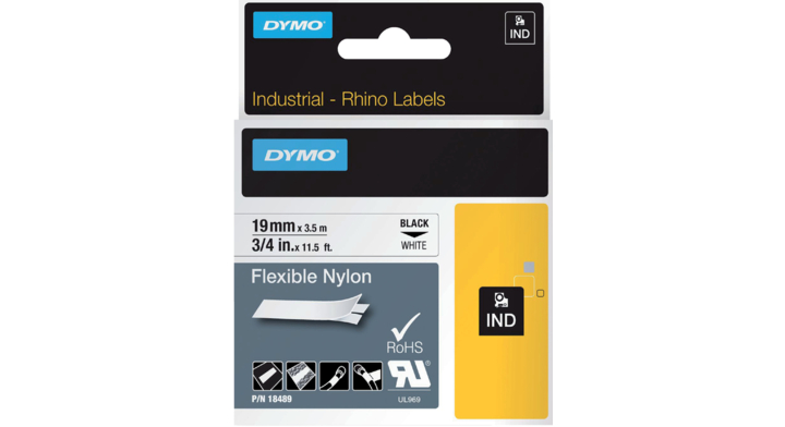 Labeltape dymo 18489 19mmx3.5m rhino wit/zwart(18489)