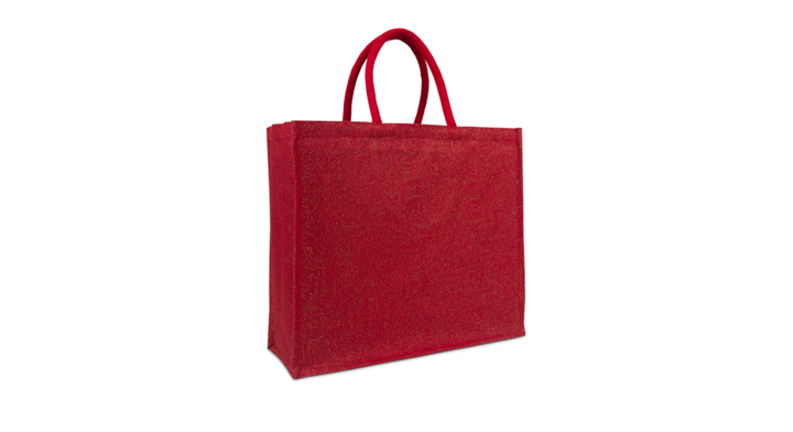 Tas, jute, 45+17x40cm, rood met glitters (50 stuks)