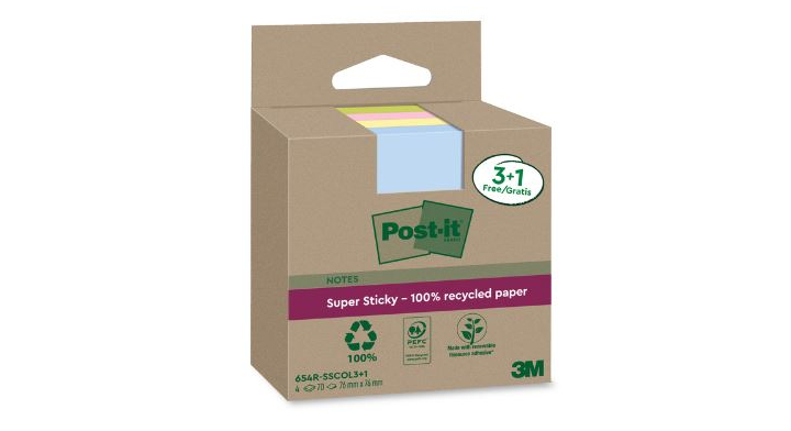 Memoblok ,3m post-it 654 Recycled Super Sticky Notes, 76x76mm