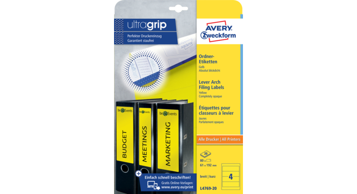 Rugetiket avery l4769-20 192x61mm geel 80st