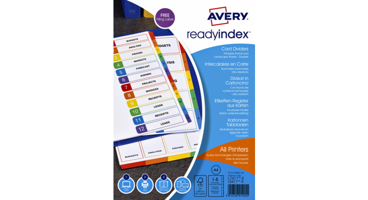 Tabbladen avery readyindex a4 4r 5dlg
