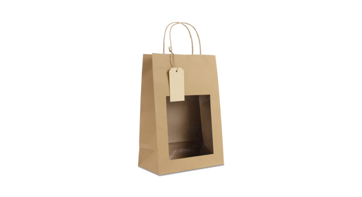 Cadeau-tas,  22+12x32cm, venster en label, bruin (100stuks )