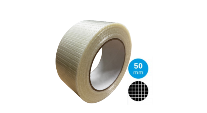 Versterkte tape, kruislings, glasweefsel, 50mm x 50m, beige