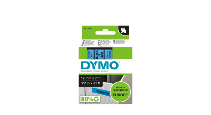 Lettertape dymo 45016 1000 12mmx7m blauw/zwart