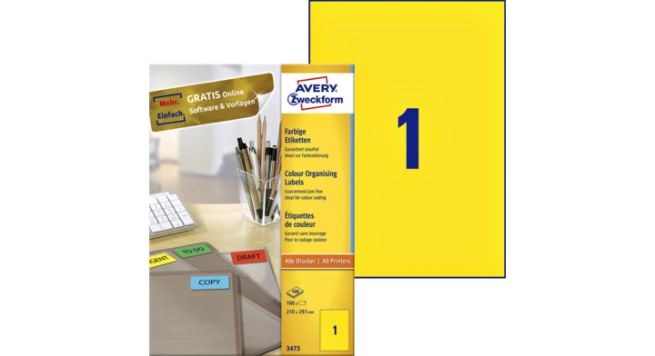 Etiket avery zweck 3473 210x297mm a4 geel