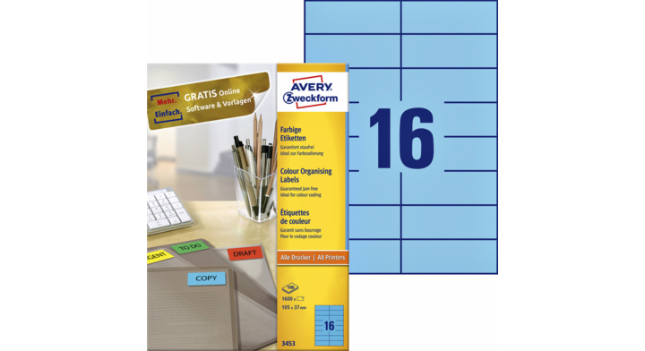 Etiket avery zweck 3453 105x37mm blauw 1600st