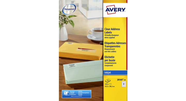 Etiket avery j8560-25 63.5x38.1mm 525st transp