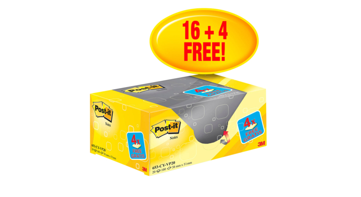 Memoblok 3m post-it 653 38x51mm geel 16 + 4 gratis(653y20)