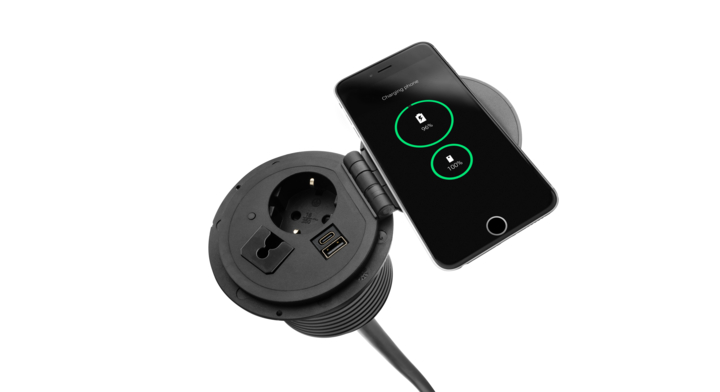 Filex, QI Power-Spot, 1x 230v, 1x USB A+C, doorvoer, zwart
