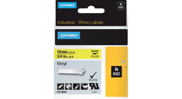 Lettertape dymo 18433 id1 19mmx5.5m vinyl geel
