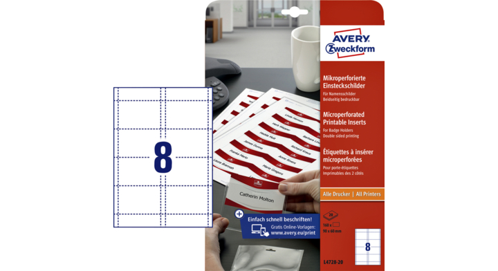 Avery L4728-20, badgekaart, 60x90mm, 20 vel, microperforatie