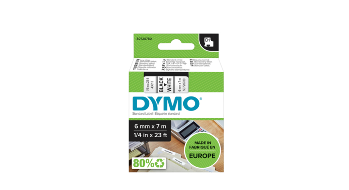 Lettertape dymo 43613 1000/5000 6mmx7m wit/zwart