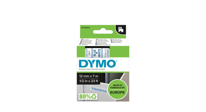 Lettertape dymo 45014 1000 12mmx7m wit/blauw
