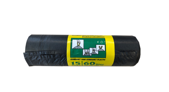 KOMO | Vuilniszak Met Trekband | LDPE | 60x80cm | 60 Liter | T60 | Zwart (20 rollen x 15 zakken)
