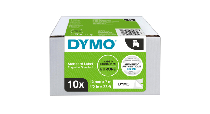 Labeltape dymo 45013 12mmx7m d1 wit/zwart(2093097) stuk/10