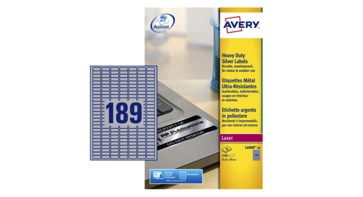 Etiket avery l6008-20 25.4x10mm zilver 3780st