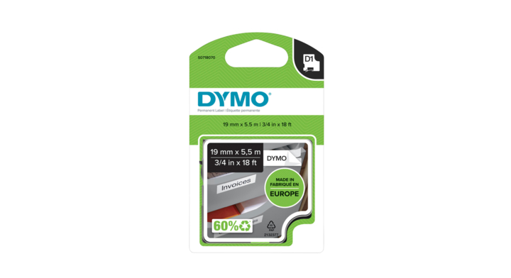 Lettertape dymo 16960 d1 19mmx5.5m permanent zw/wt
