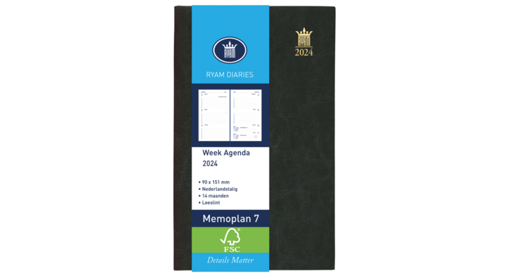 Agenda ryam memo 7 stnd suprema zwart of bl 2025, 90x155mm