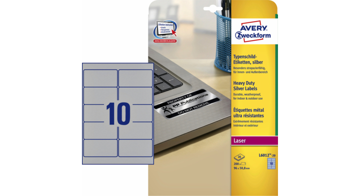 Etiket avery l6012-20 96x50.8mm zilver 200st