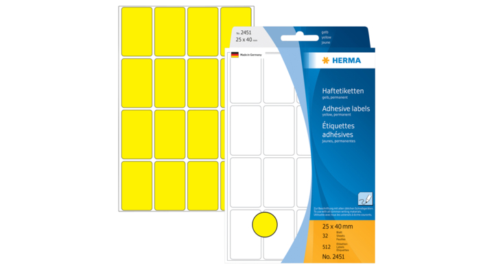 Etiket herma 2451 25x40mm 512st geel