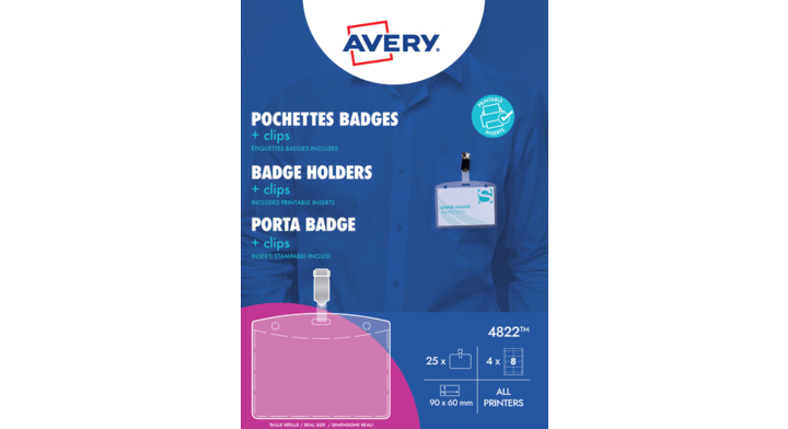 Badge avery 4822 met clip + insteekkaarten 60x90mm(4822)