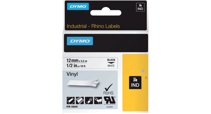 Lettertape dymo 18444 rhino vinyl 12mmx5.5m wt/zw(s0718600)