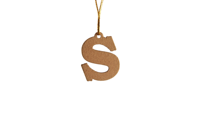 Sint deco, hanger, letter S, 30x36mm, goud (120 stuks)