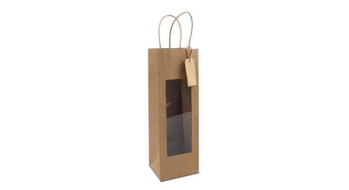 Cadeau-tas, 12+10x35cm, venster en label, bruin (100 stuks)