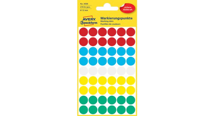 Etiket avery zweck 3088 12mm assorti 270st
