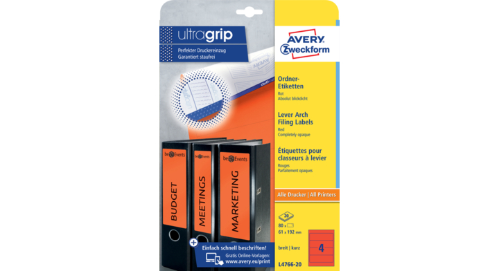 Rugetiket avery l4766-20 192x61mm rood 80st