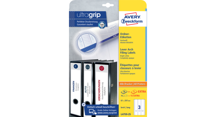 Rugetiket avery l4759-25 297x61mm + gat 75st