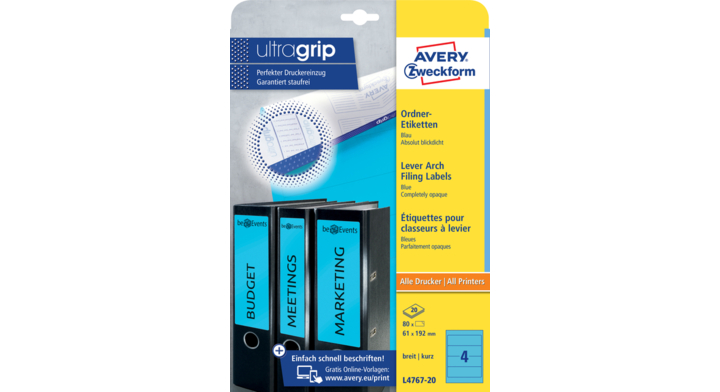 Rugetiket avery l4767-20 192x61mm blauw 80st