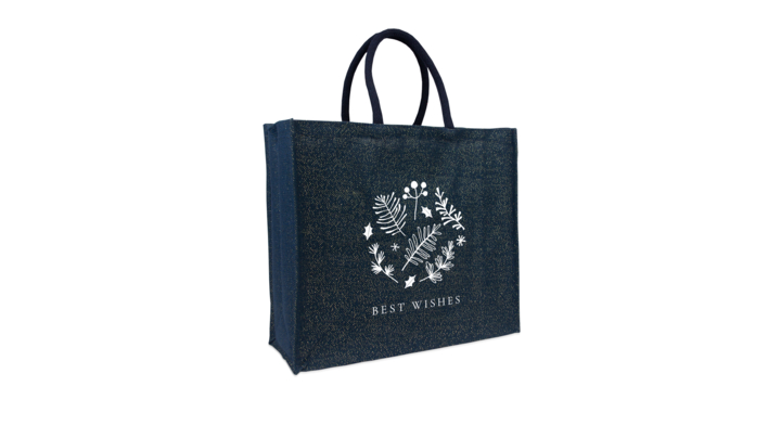 Jute glitter kersttas, Best Wishes 45+17x40cm, blauw (50 st)