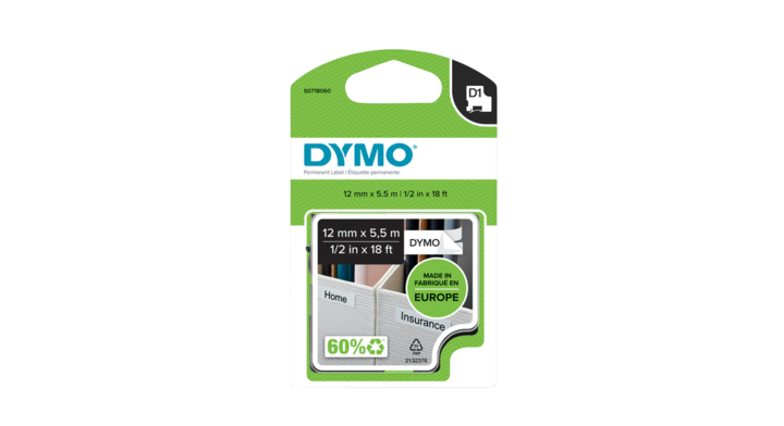 Lettertape dymo 16959 d1 12mmx5.5m permanent zw/wt