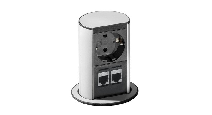 De ELEVATOR inbouwunit, 1x 230V en 2x CAT6 in de kleur mat Chroom.