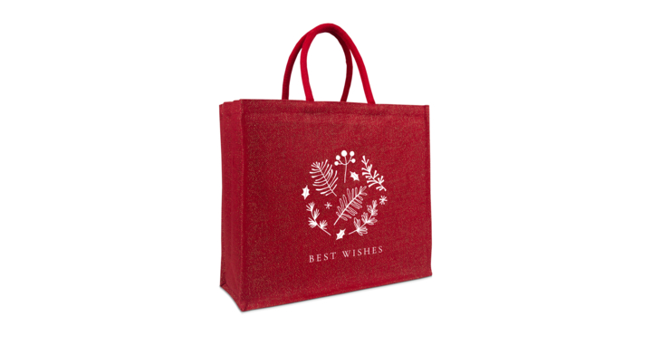 Jute glitter kersttas, Best Wishes, 45+17x40cm, rood (50 st)