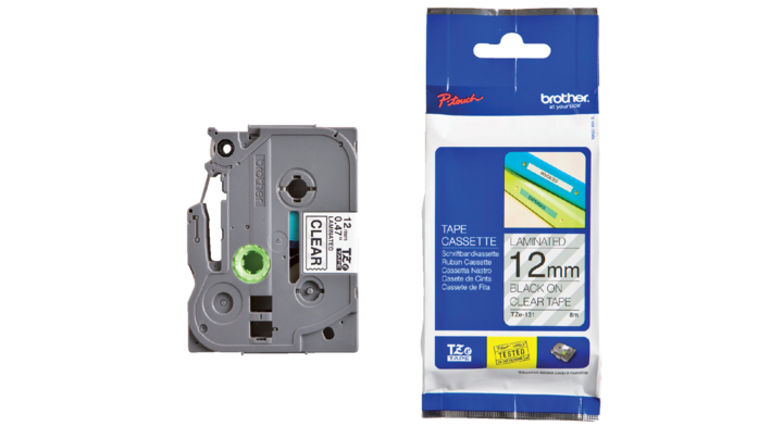 Brother P-touch, labeltape, 12mm, zwart op transp., TZE131