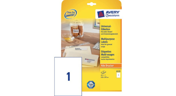 Avery Zweckform, etiket A4, 210x297mm, 6119 (25 stuks)