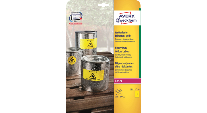 Etiket avery l6111-20 210x297mm geel 20stuks(l6111-20)