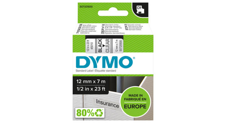 Dymo D1, labeltape, 12mm x 7mtr, zwart op transparant, 45010