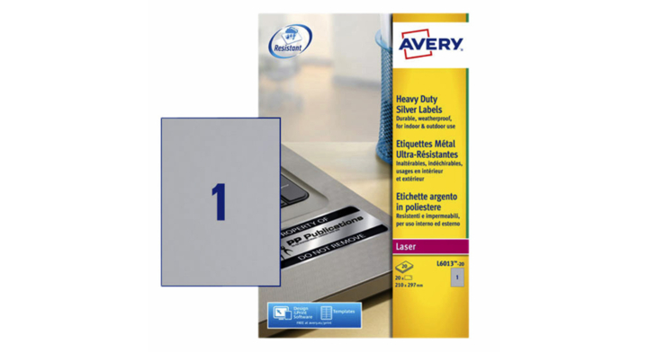 Etiket avery l6013-20 210x297mm zilver 20st