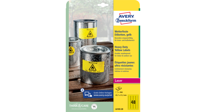 Etiket avery l6103-20 45.7x21.2mm geel 960stuks(l6103-20)
