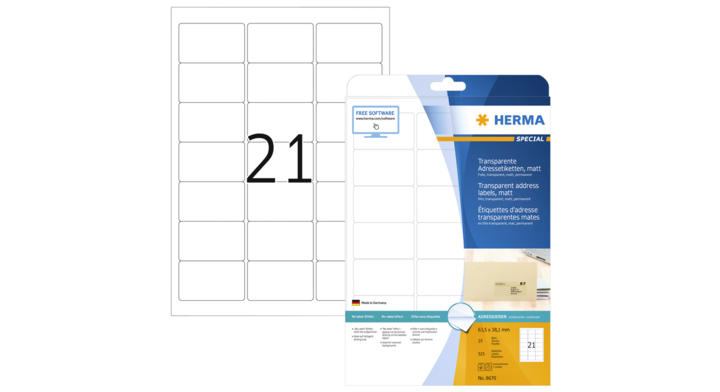 Etiket herma 8670 a4 63.5x38.1mm trsp mat 525st(8670)