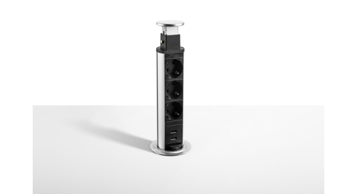 Filex, Power Pop Up, 3x 230V, 2x USB, zwart/alu