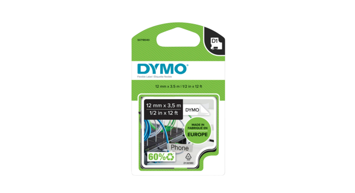 Lettertape dymo 16957 d1 12mm3.5m nylon zwart/wit